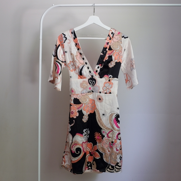 Pink Satin Floral V Neck Dress - Picture 1 of 4